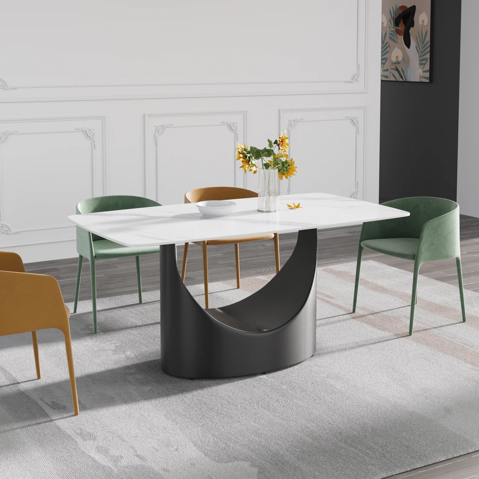 Mesa de comedor Marbella de piedra sinterizada | Rectangular, blanca brillante, de 160 cm (63") con borde curvo