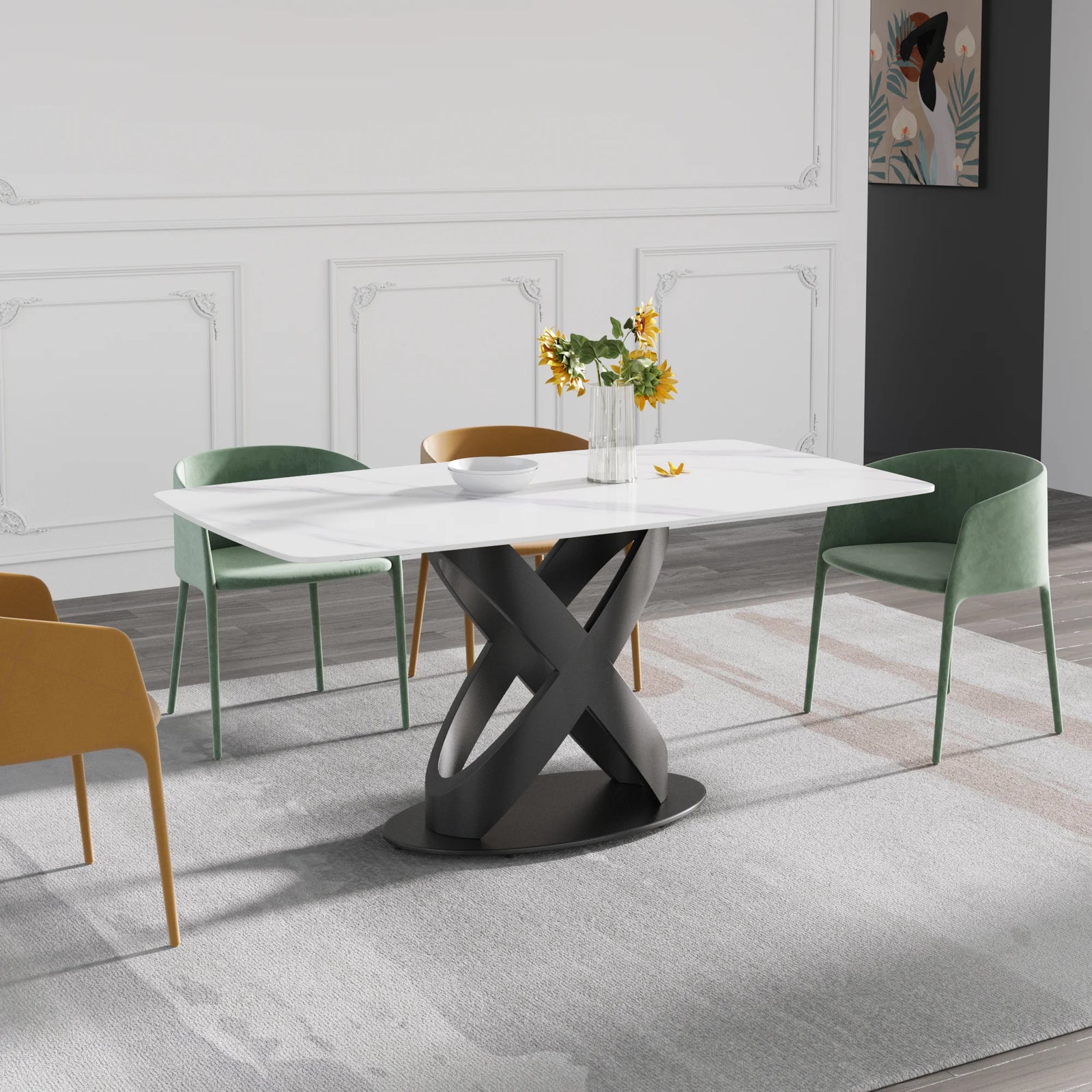 Marbella Sintered Stone Dining Table | 63" White Gloss Rectangular With Curved Edge