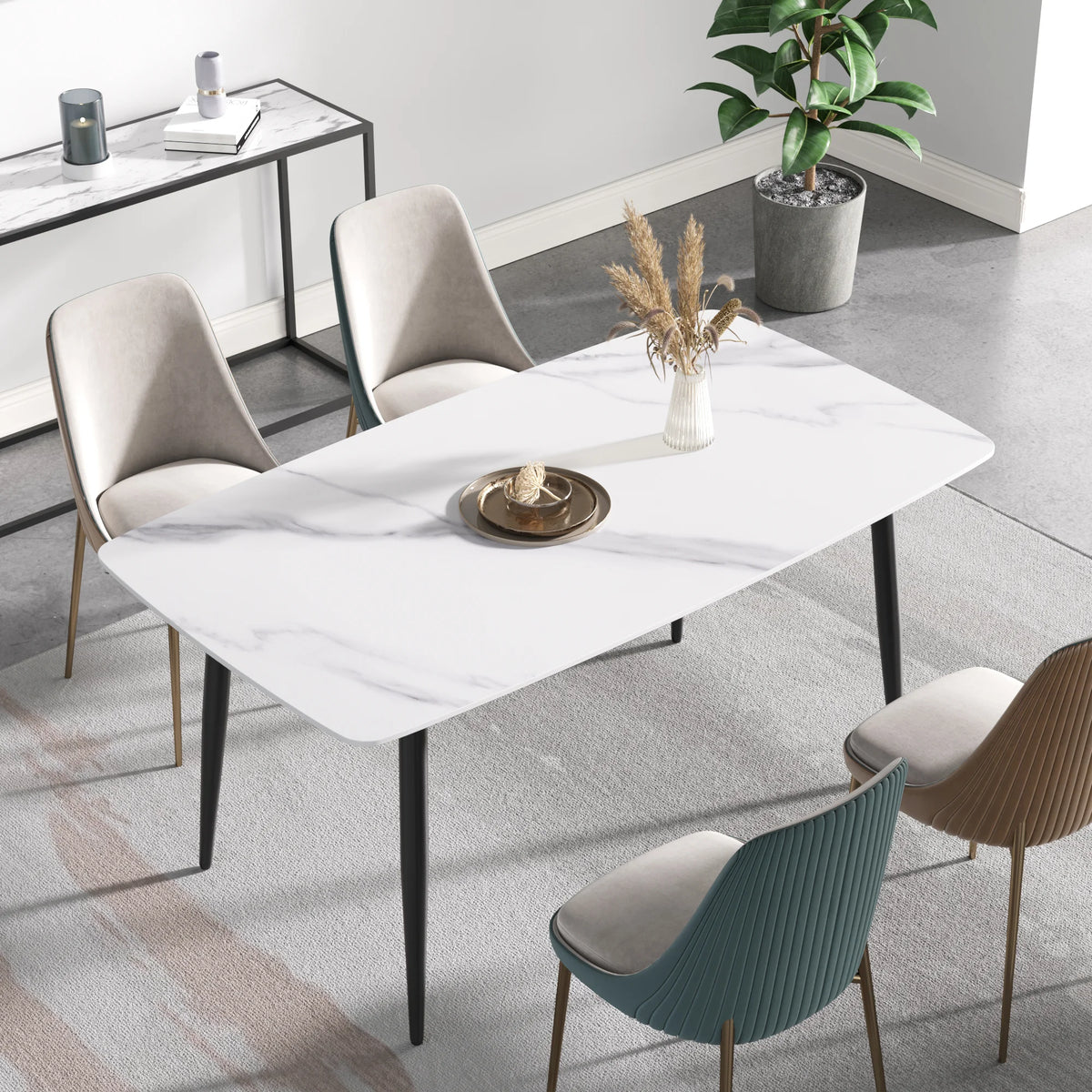 Marbella Sintered Stone Dining Table | 63" White Gloss Rectangular With Curved Edge