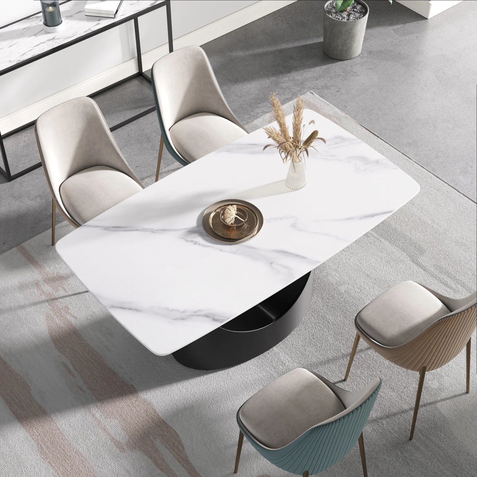 Mesa de comedor Marbella de piedra sinterizada | Rectangular, blanca brillante, de 160 cm (63") con borde curvo