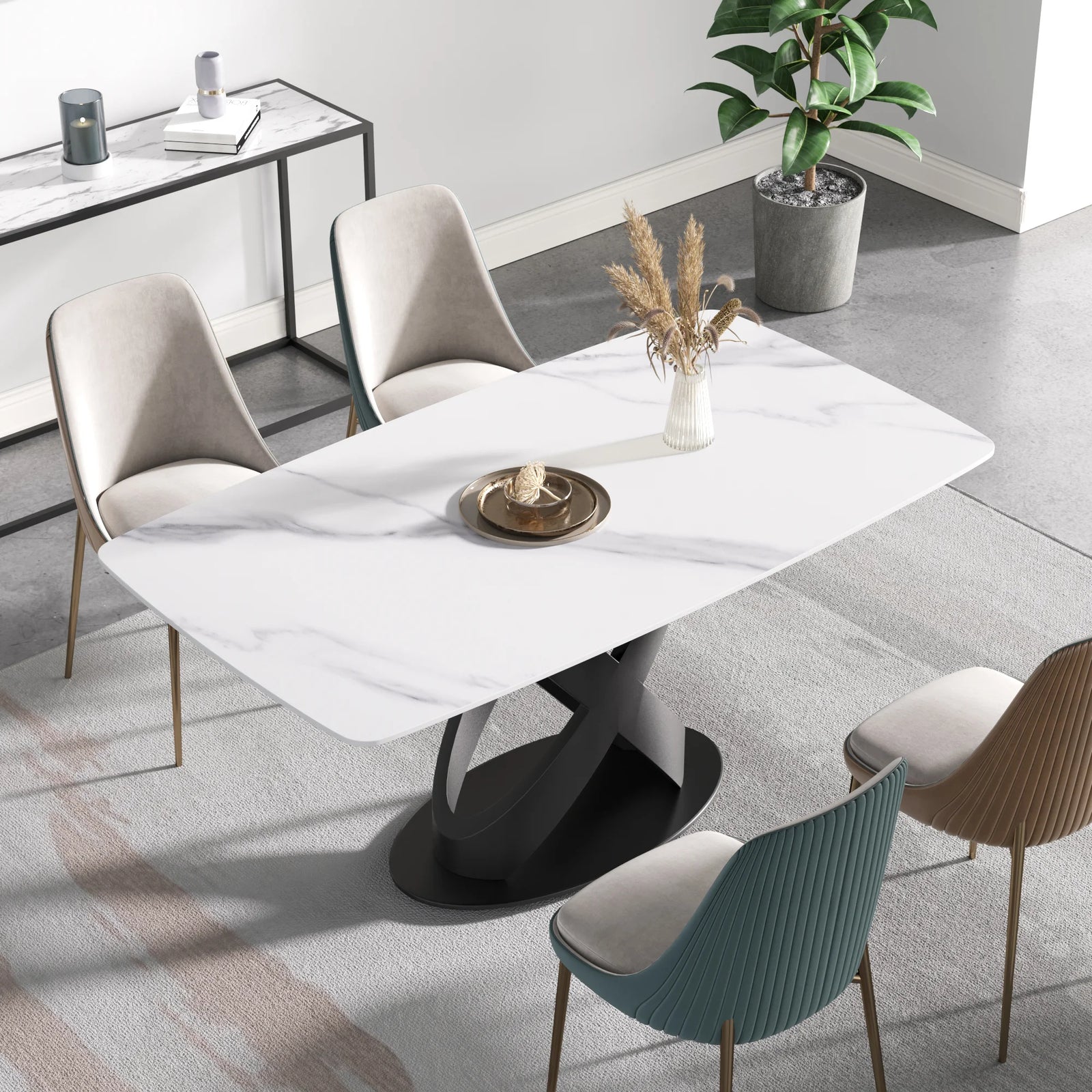 Marbella Sintered Stone Dining Table | 63" White Gloss Rectangular With Curved Edge