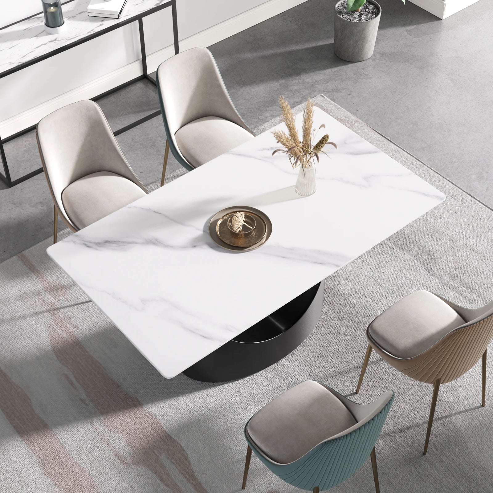 Mesa de comedor Marbella de piedra sinterizada | Rectangular, blanca brillante, de 160 cm (63") con borde recto