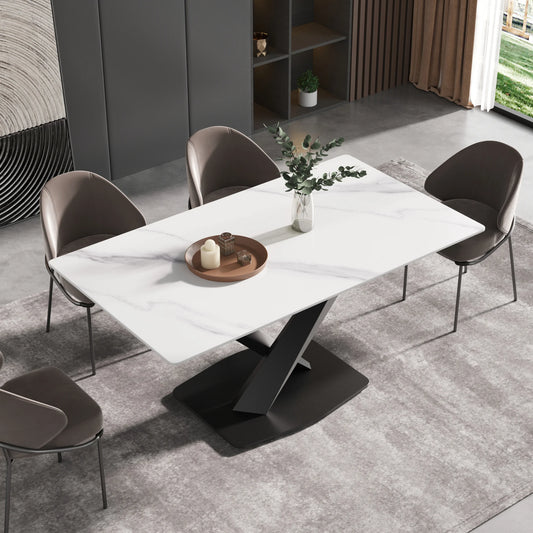 Marbella Sintered Stone Dining Table | 63" White Gloss Rectangular With Straight Edge