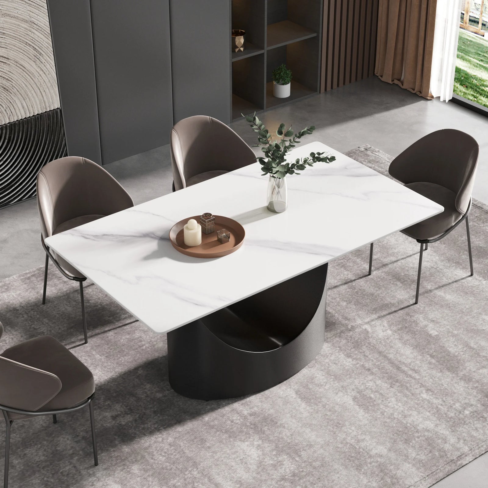 Mesa de comedor Marbella de piedra sinterizada | Rectangular, blanca brillante, de 160 cm (63") con borde recto
