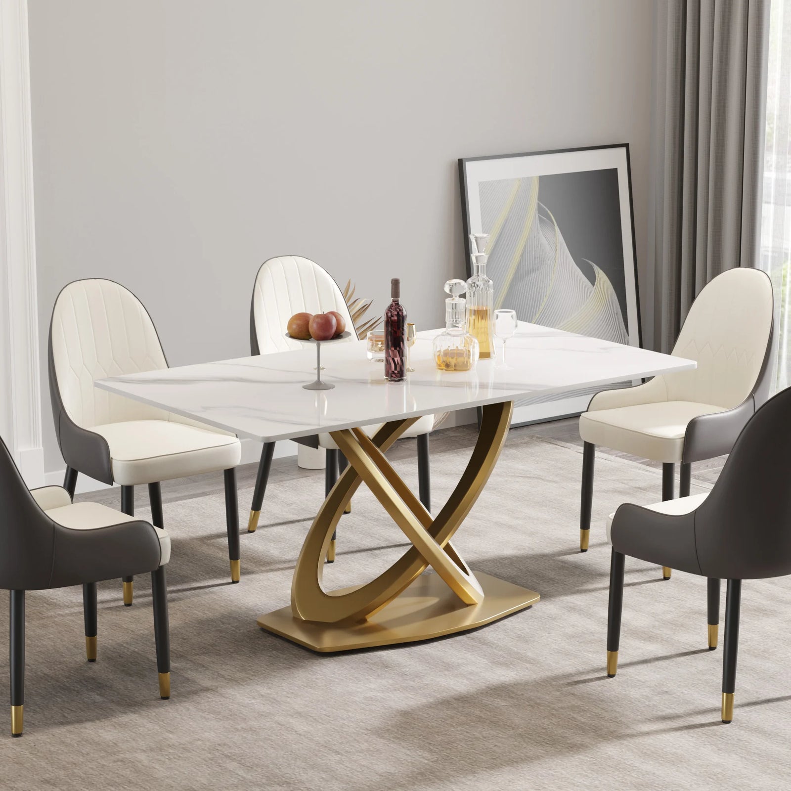 Mesa de comedor Marbella de piedra sinterizada | Rectangular, blanca brillante, de 160 cm (63") con borde recto