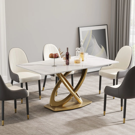 Marbella Sintered Stone Dining Table | 63" White Gloss Rectangular With Straight Edge