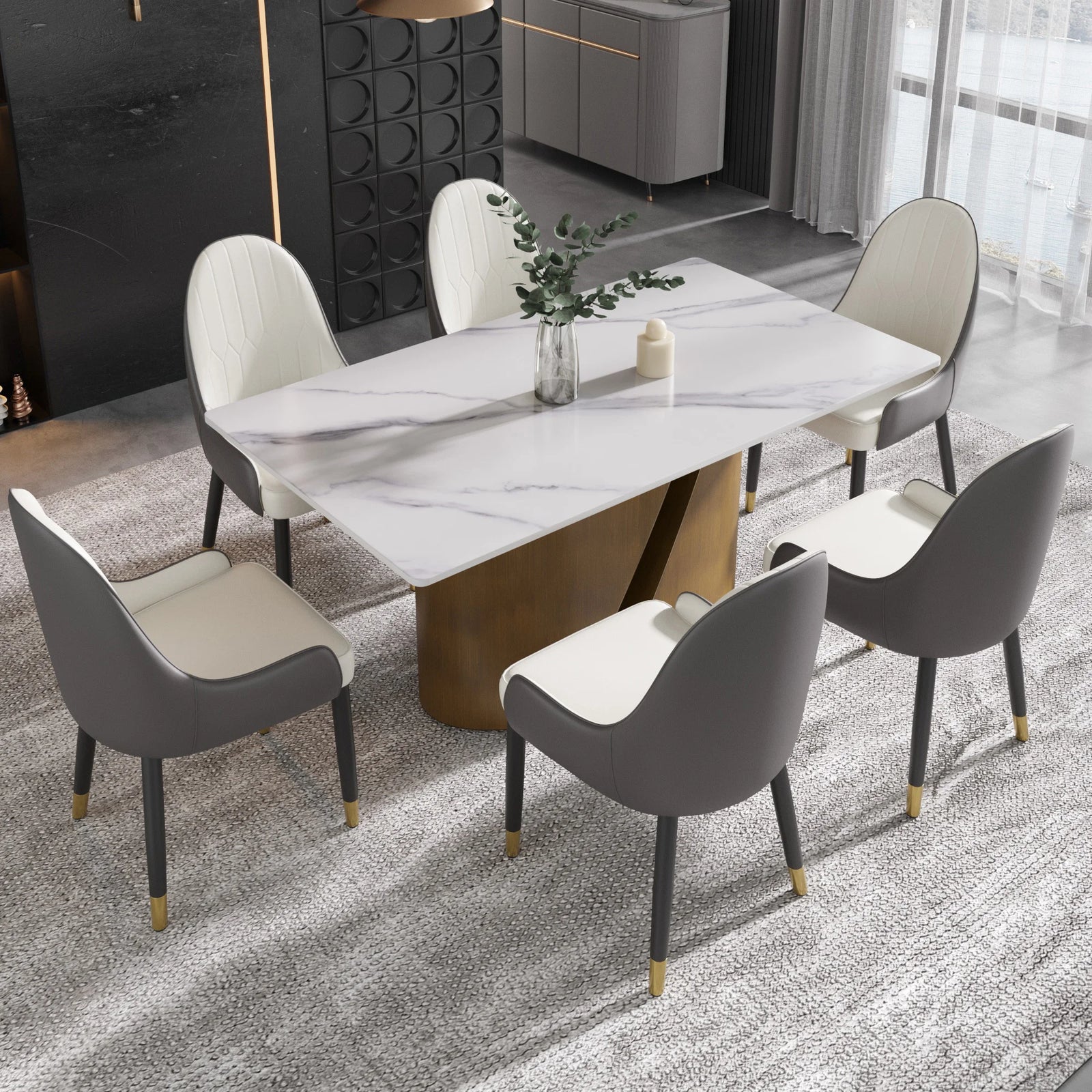 Mesa de comedor Marbella de piedra sinterizada | Rectangular, blanca brillante, de 160 cm (63") con borde recto