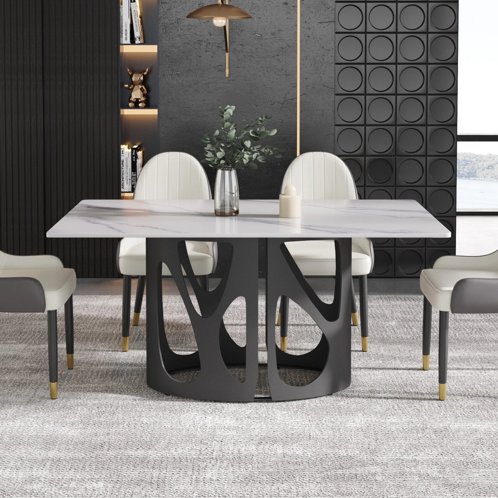 Mesa de comedor Marbella de piedra sinterizada | Rectangular, blanca brillante, de 160 cm (63") con borde recto