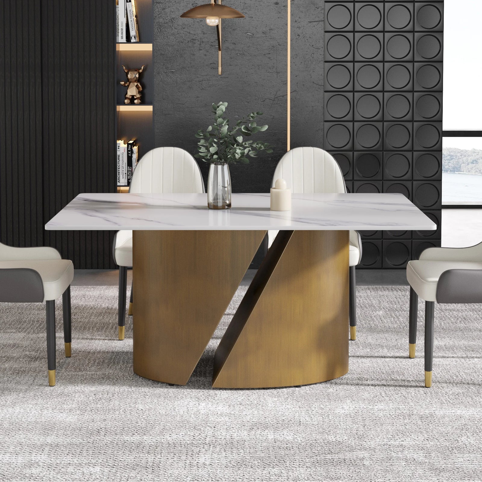Mesa de comedor Marbella de piedra sinterizada | Rectangular, blanca brillante, de 160 cm (63") con borde recto