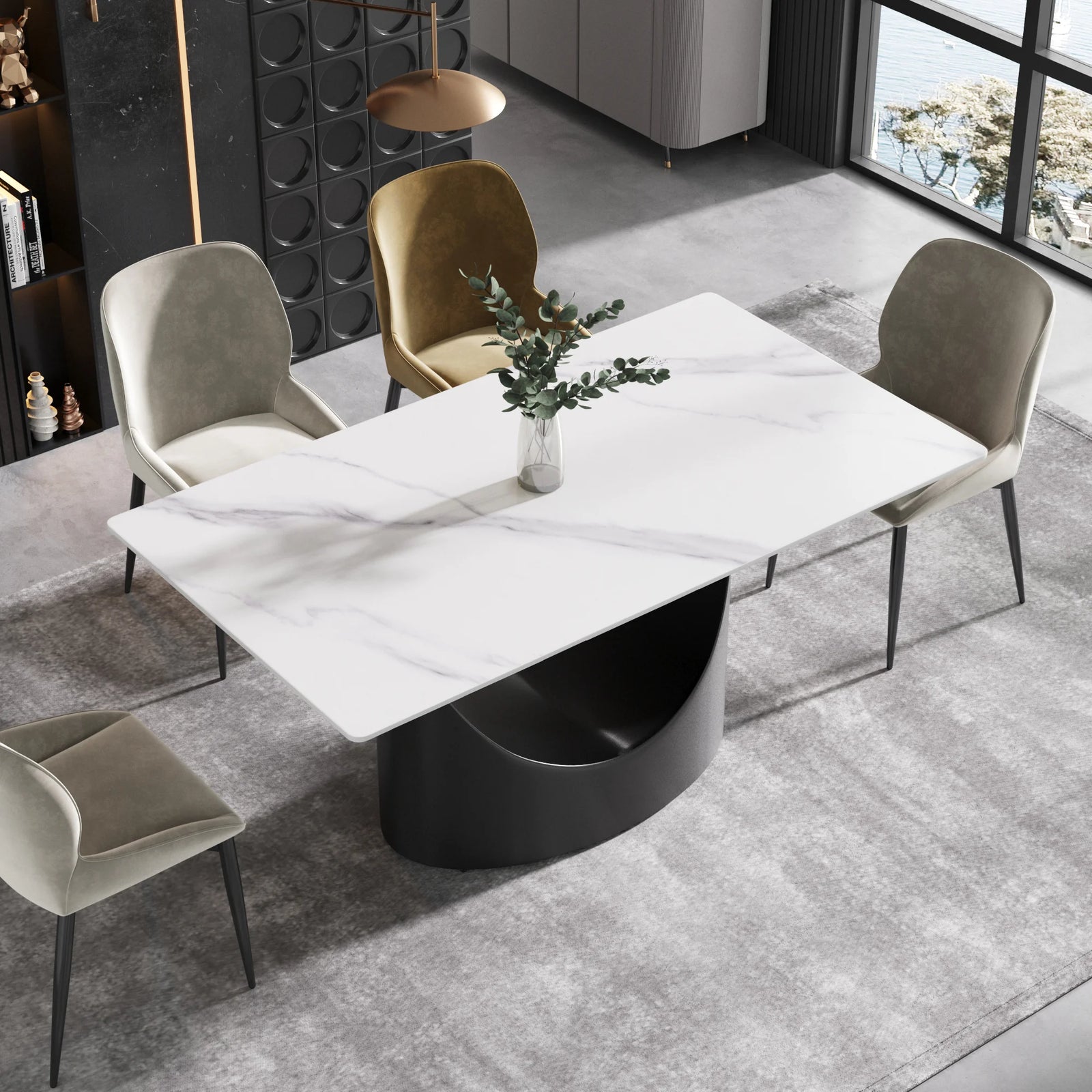Mesa de comedor Marbella de piedra sinterizada | Rectangular, blanca brillante, de 160 cm (63") con borde recto
