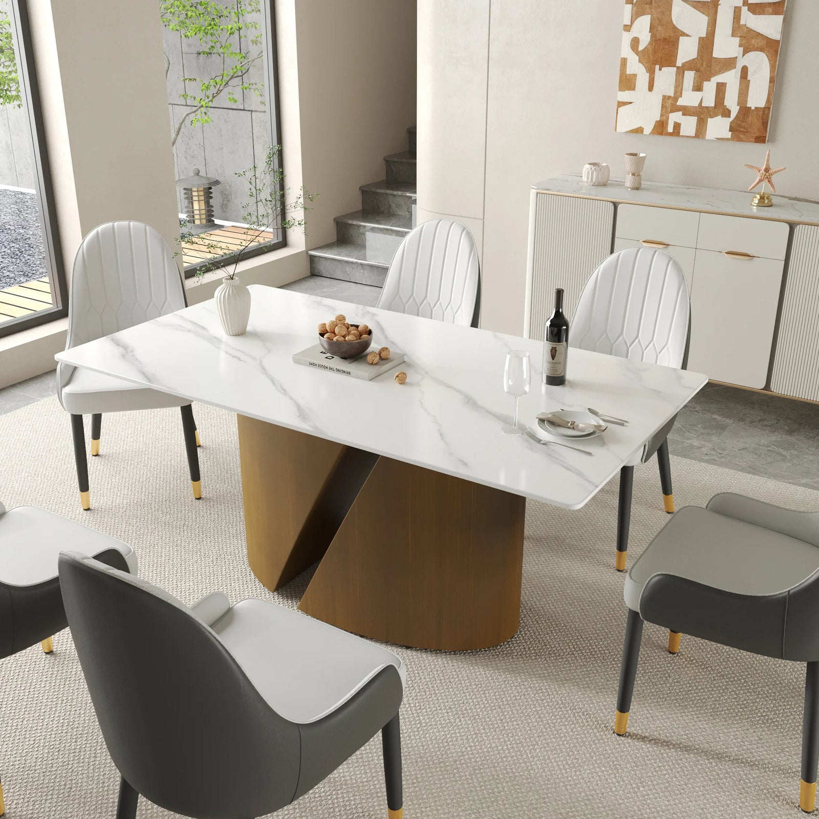 Mesa de comedor Marbella de piedra sinterizada | Rectangular, blanca brillante, de 160 cm (63") con borde recto