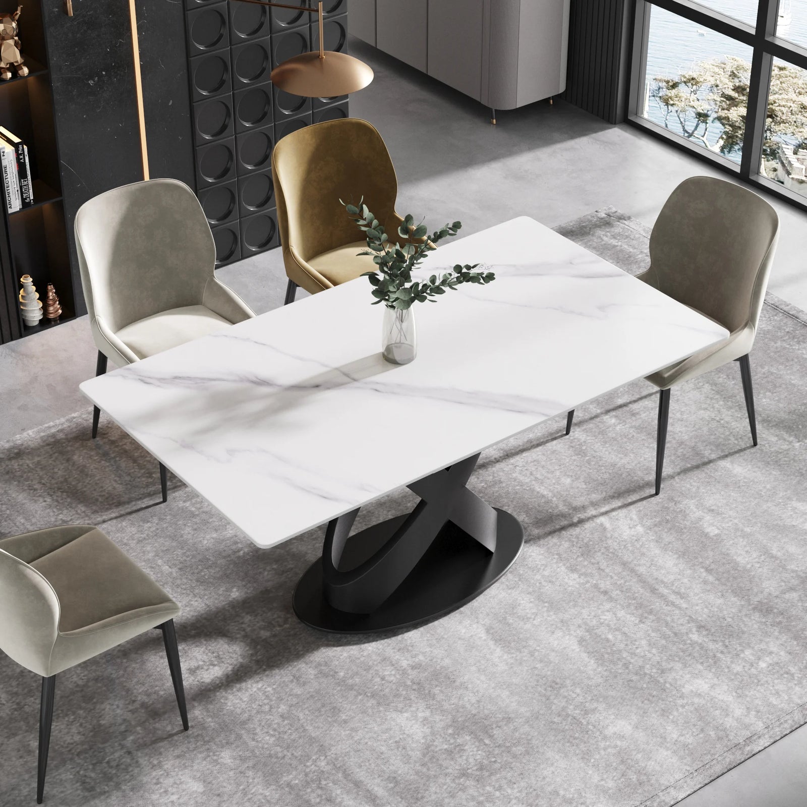 Marbella Sintered Stone Dining Table | 63" White Gloss Rectangular With Straight Edge