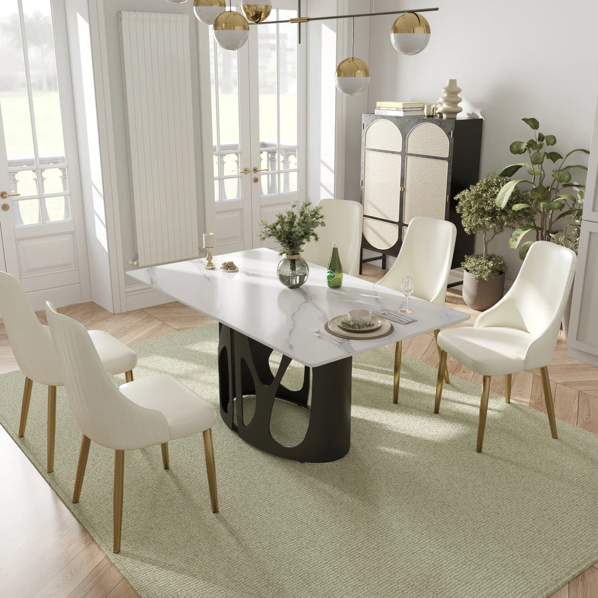 Marbella Sintered Stone Dining Table | 63" White Gloss Rectangular With Straight Edge