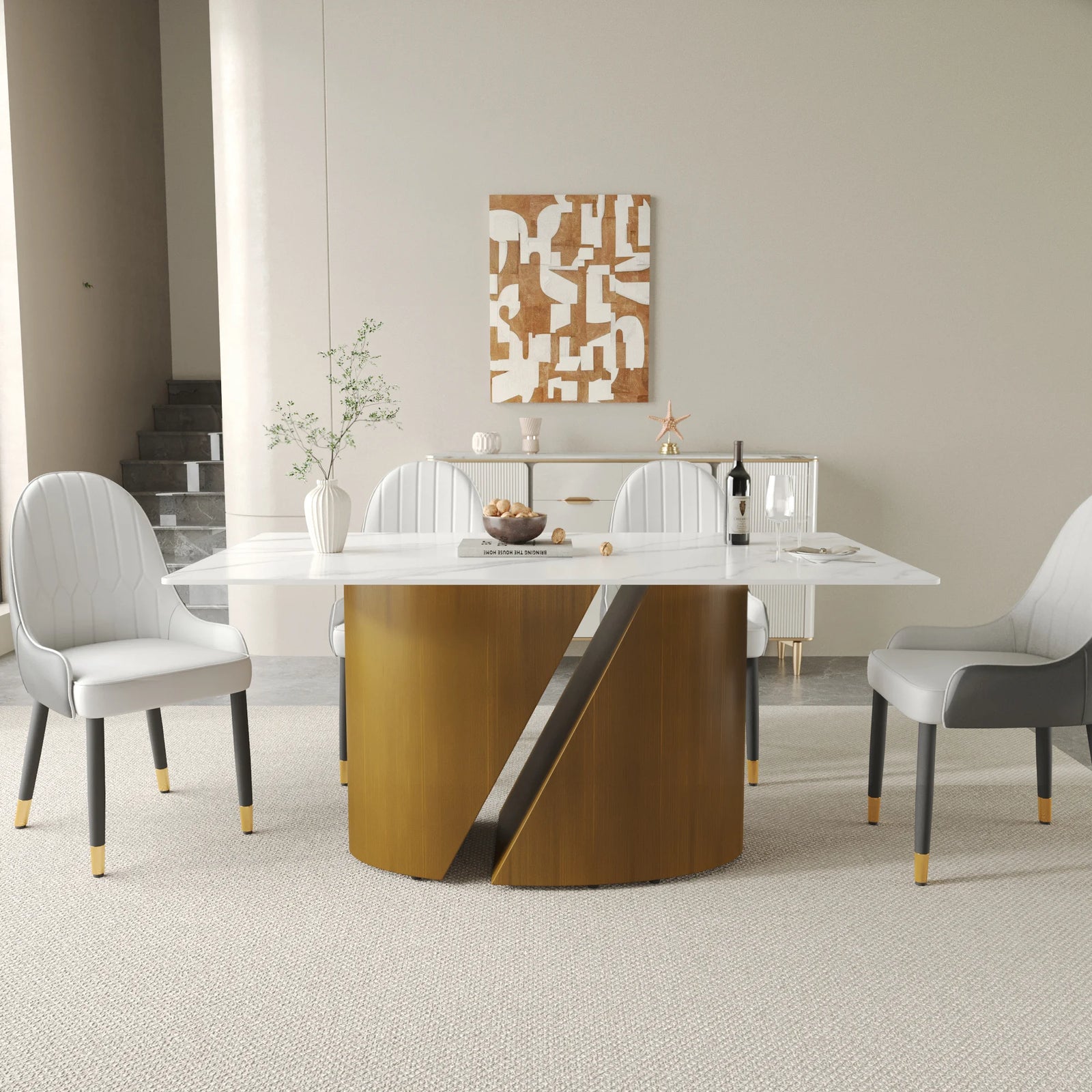 Mesa de comedor Marbella de piedra sinterizada | Rectangular, blanca brillante, de 160 cm (63") con borde recto
