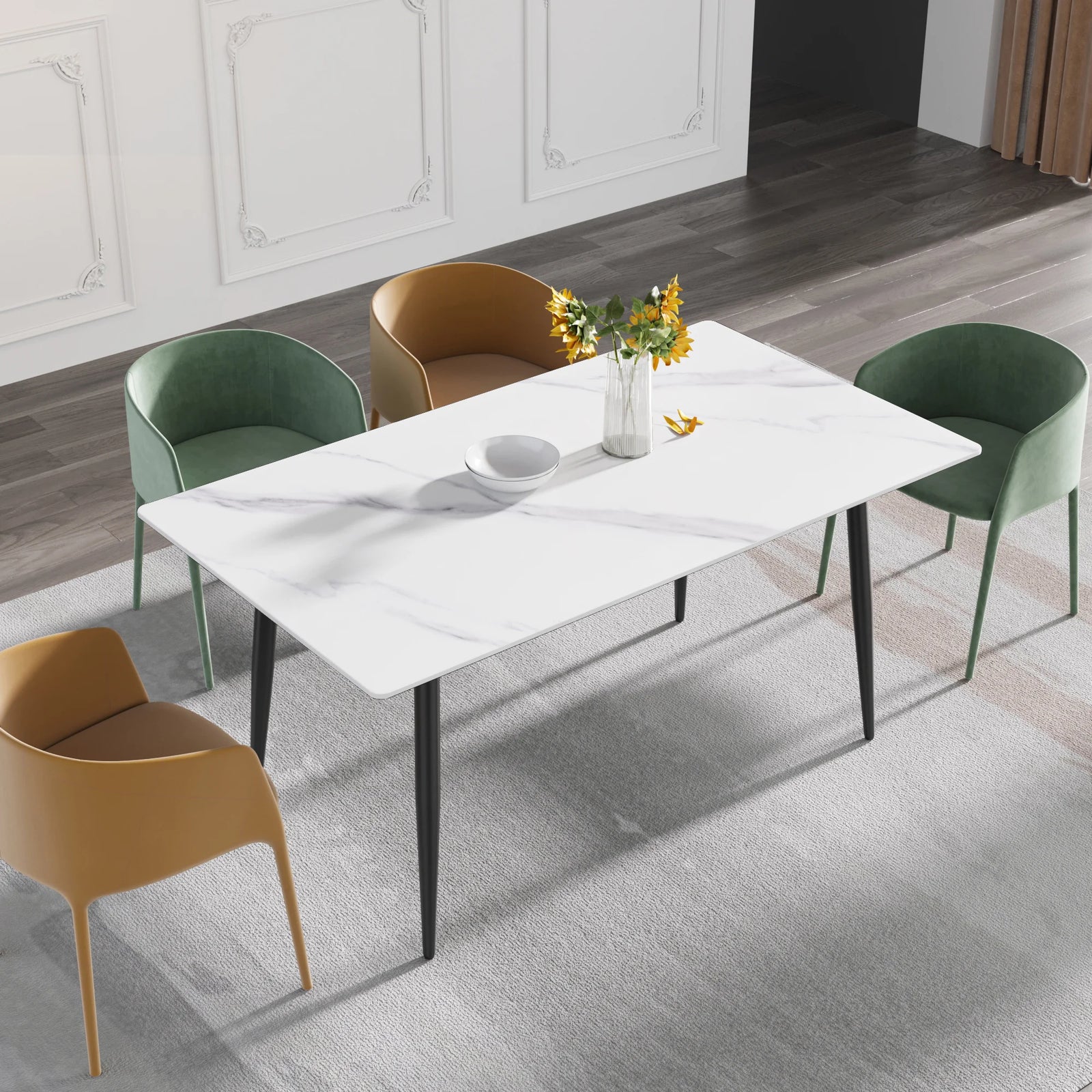 Marbella Sintered Stone Dining Table | 63" White Gloss Rectangular With Straight Edge