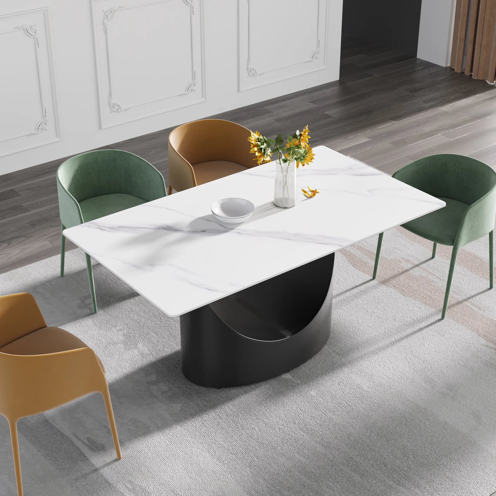 Mesa de comedor Marbella de piedra sinterizada | Rectangular, blanca brillante, de 160 cm (63") con borde recto