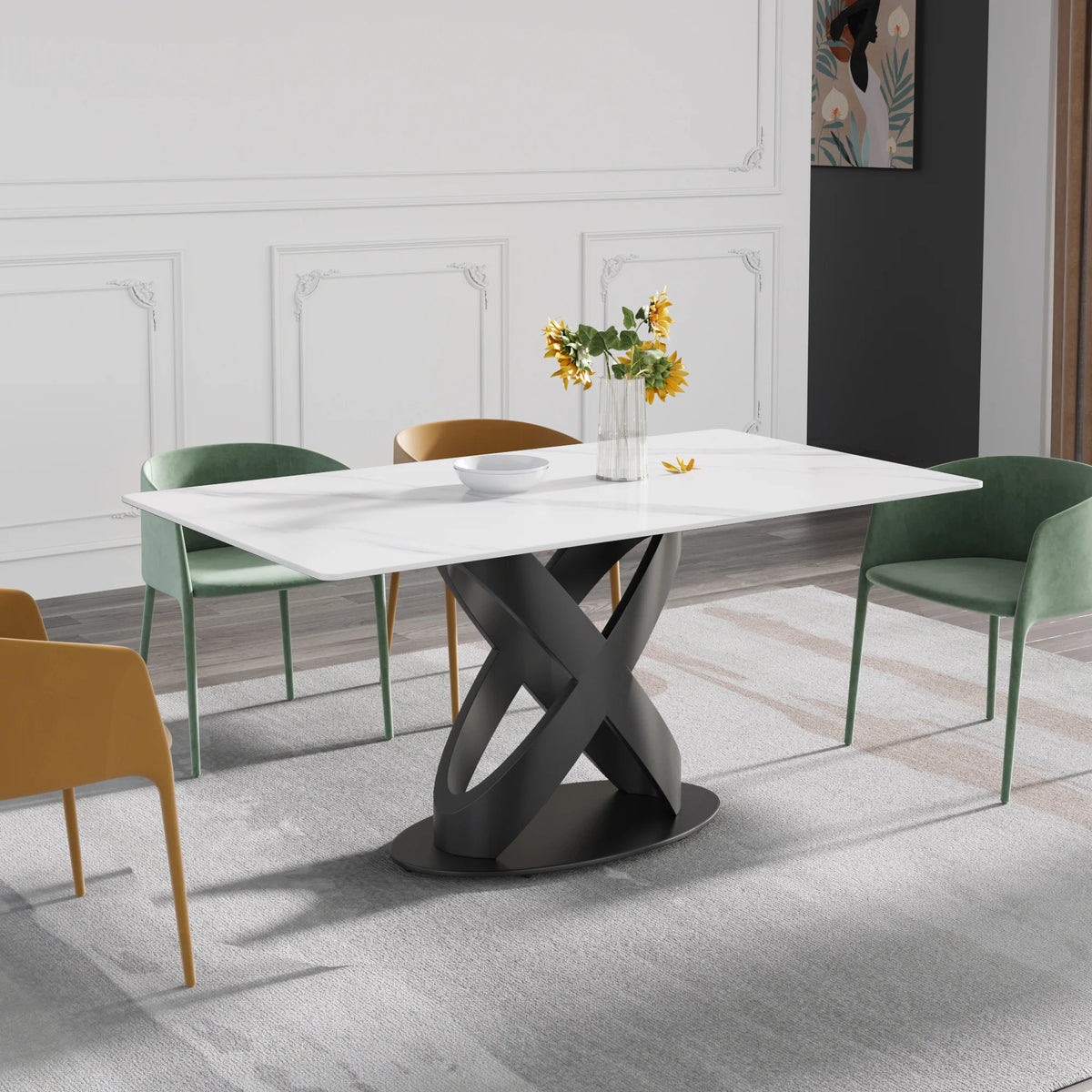 Marbella Sintered Stone Dining Table | 63" White Gloss Rectangular With Straight Edge