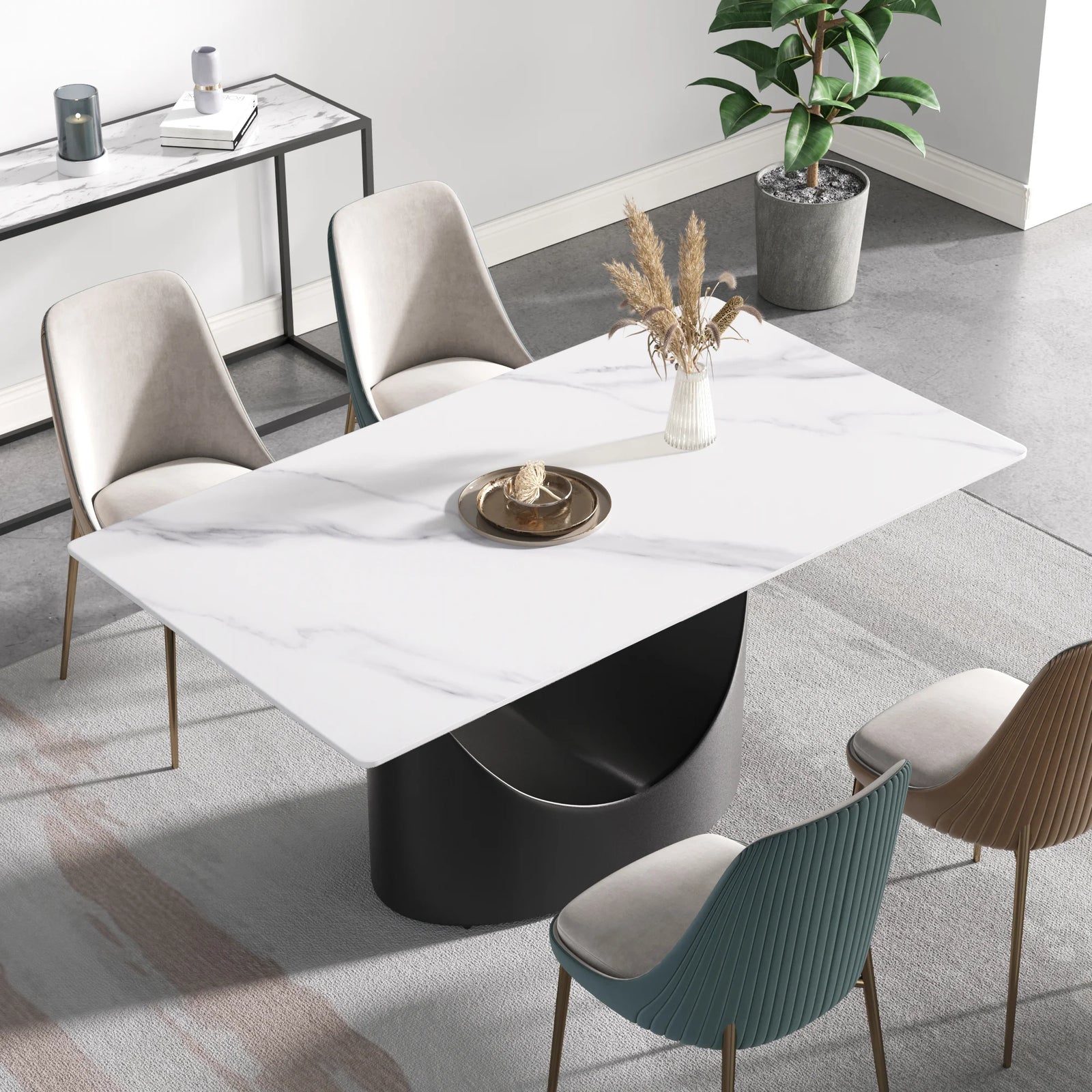 Mesa de comedor Marbella de piedra sinterizada | Rectangular, blanca brillante, de 160 cm (63") con borde recto