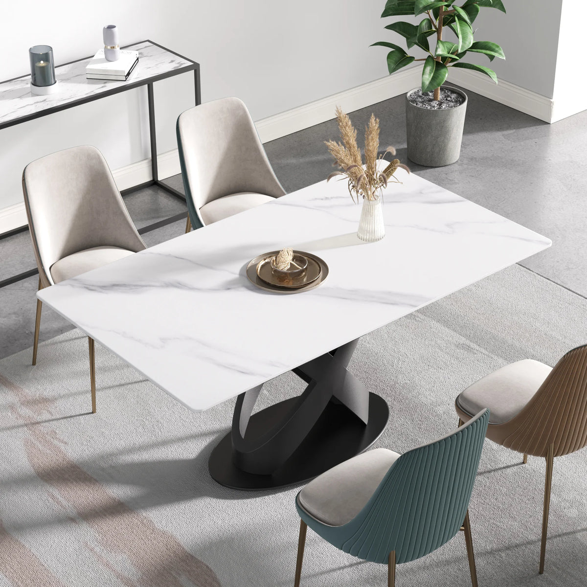 Marbella Sintered Stone Dining Table | 63" White Gloss Rectangular With Straight Edge
