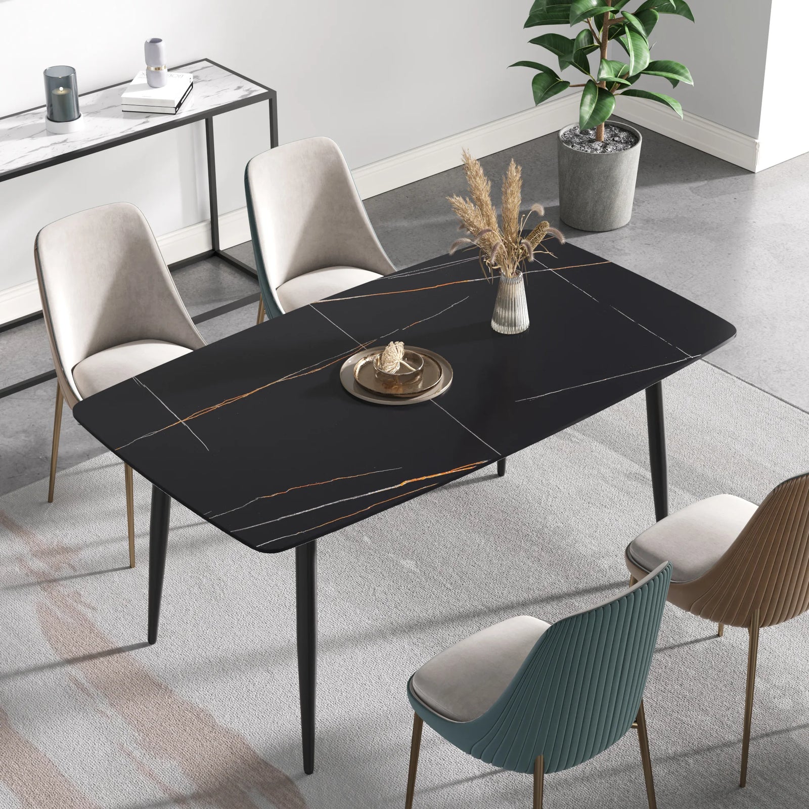 Mesa de comedor Marbella de piedra sinterizada | Rectangular de 160 cm (63") en negro mate con borde curvo