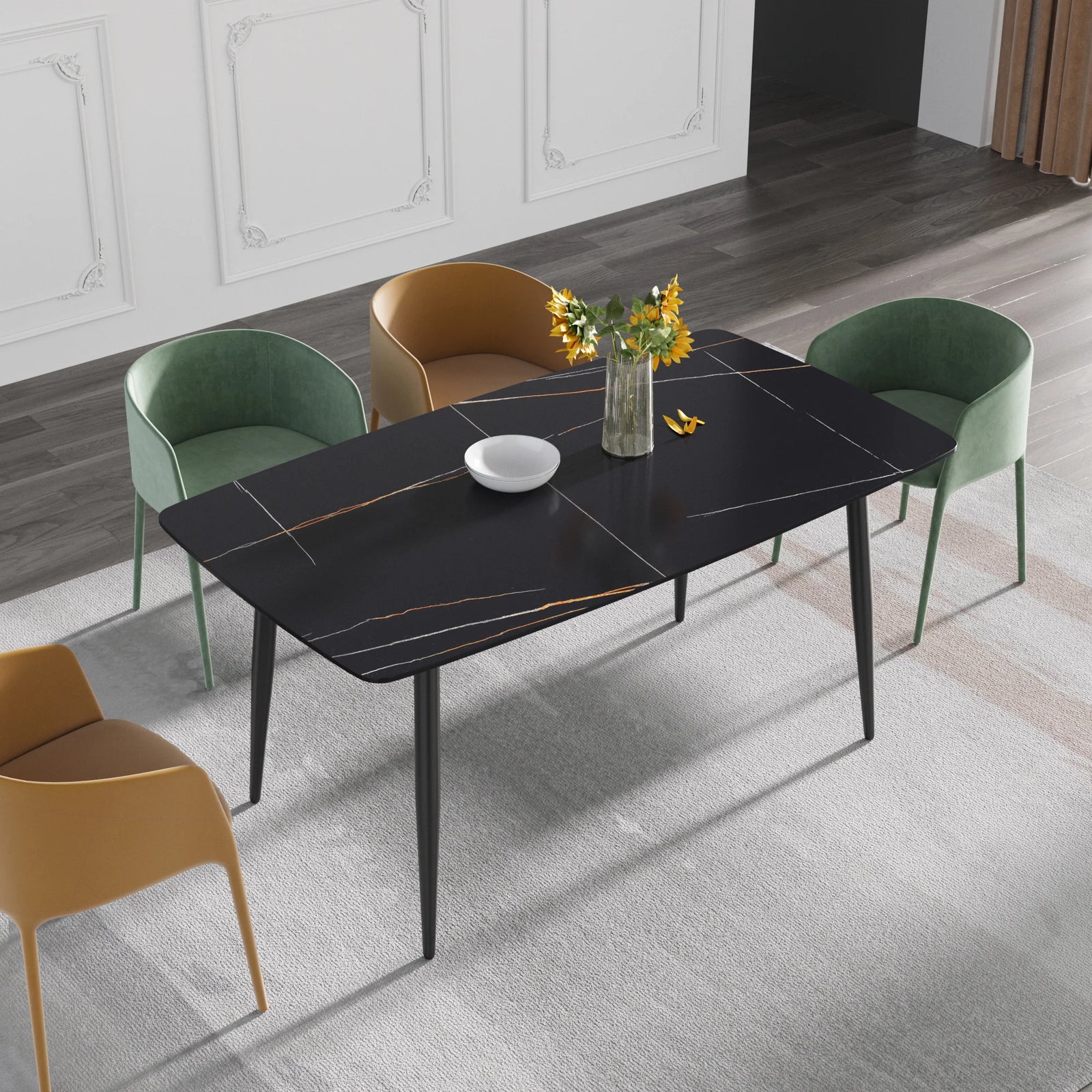 Mesa de comedor Marbella de piedra sinterizada | Rectangular de 160 cm (63") en negro mate con borde curvo