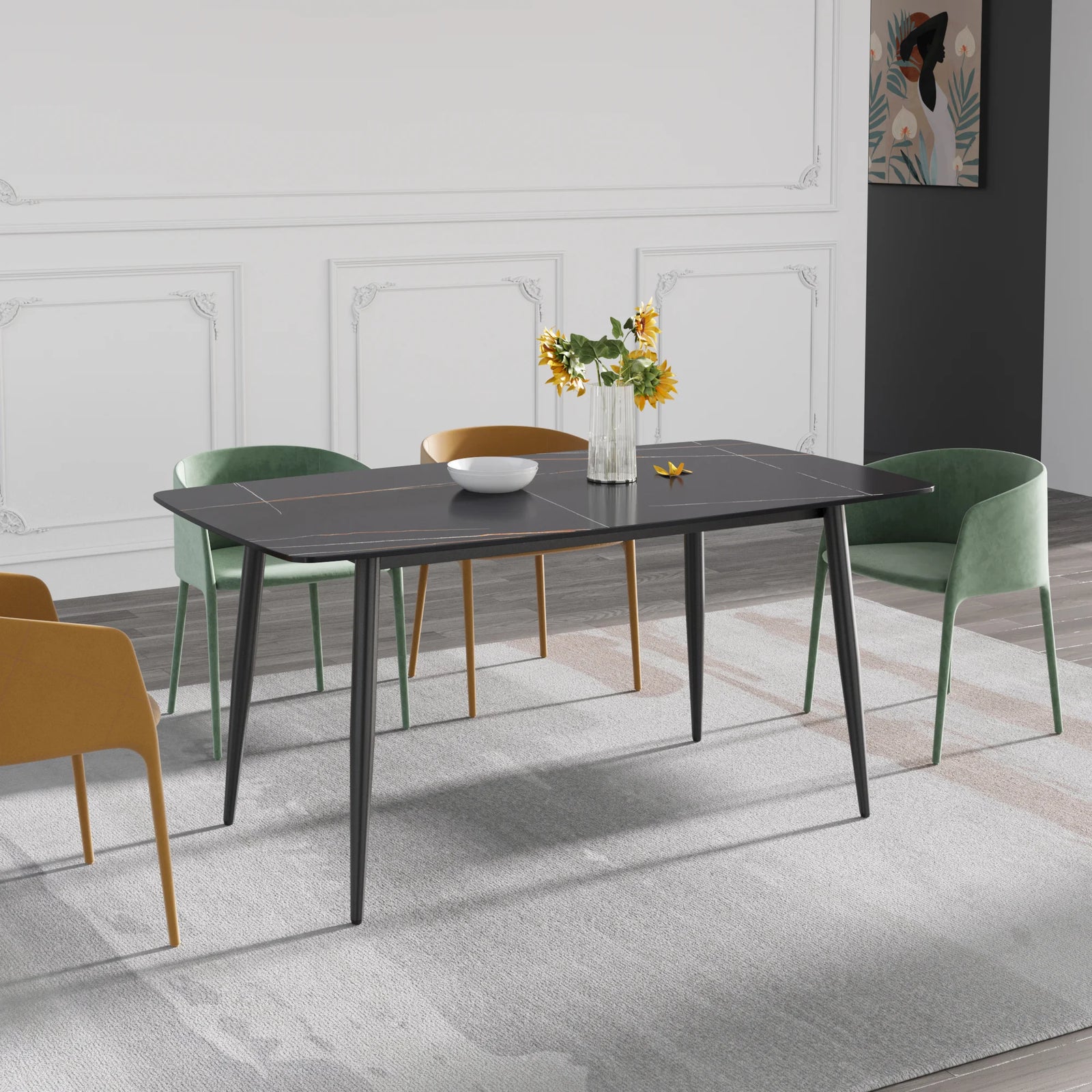 Mesa de comedor Marbella de piedra sinterizada | Rectangular de 160 cm (63") en negro mate con borde curvo
