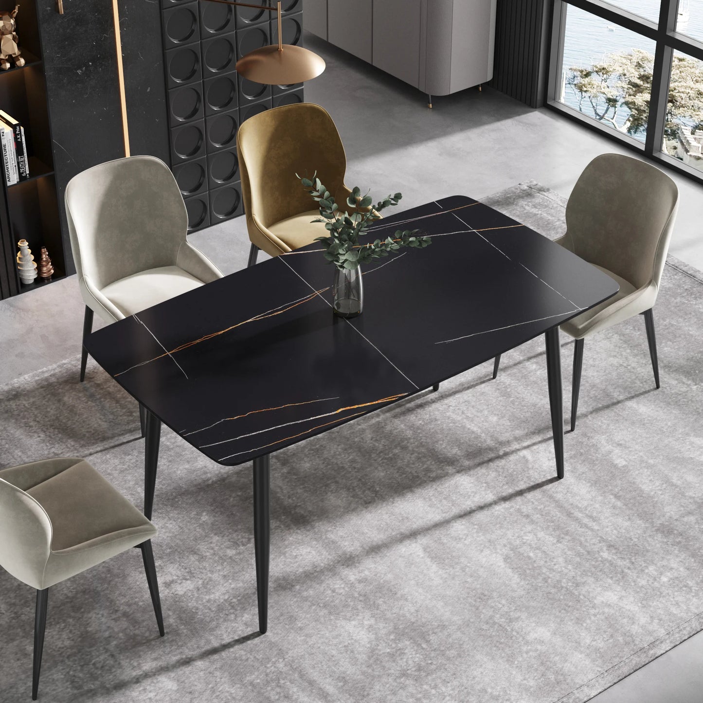 Marbella Sintered Stone Dining Table | 63" Matte Black Rectangular With Curved Edge