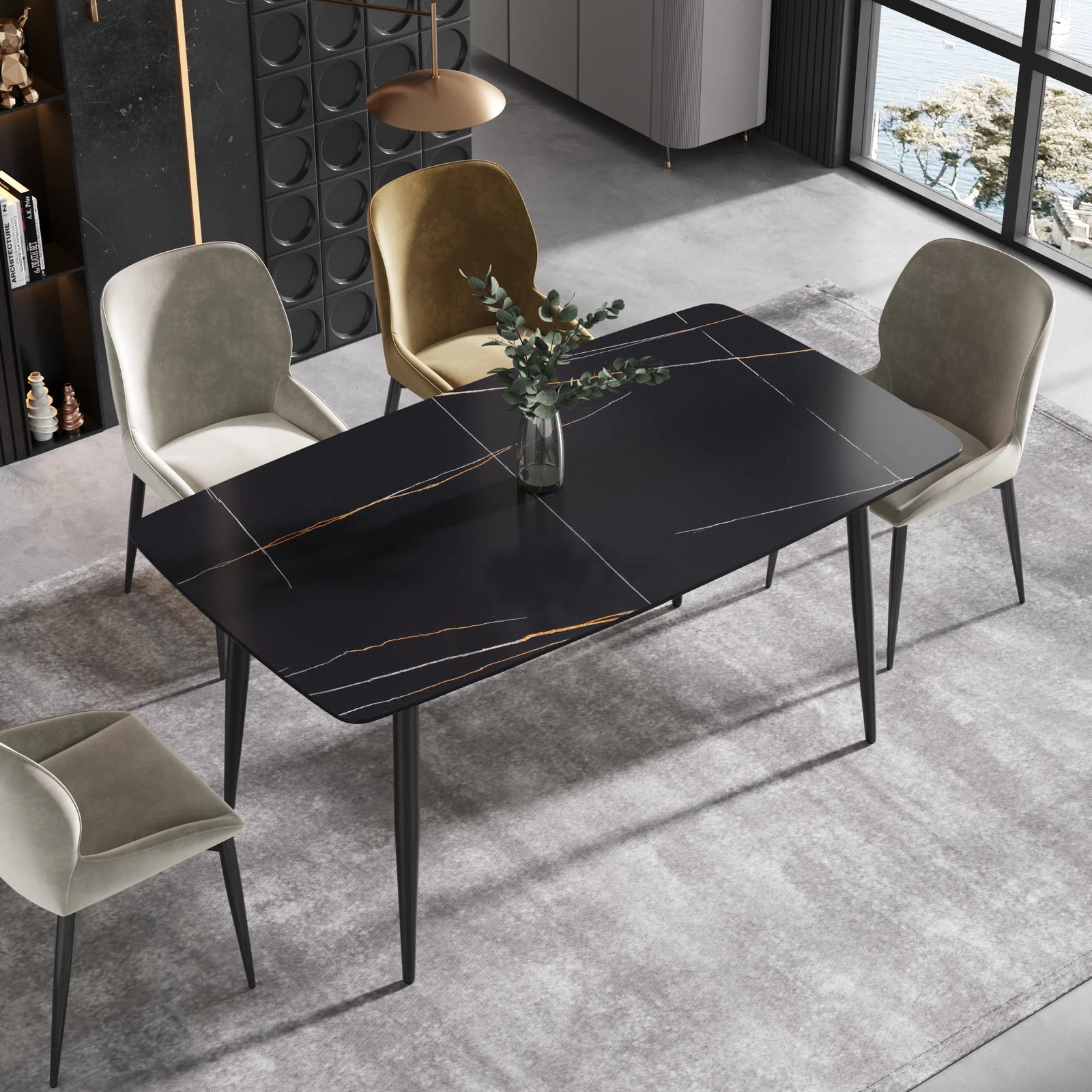 Mesa de comedor Marbella de piedra sinterizada | Rectangular de 160 cm (63") en negro mate con borde curvo