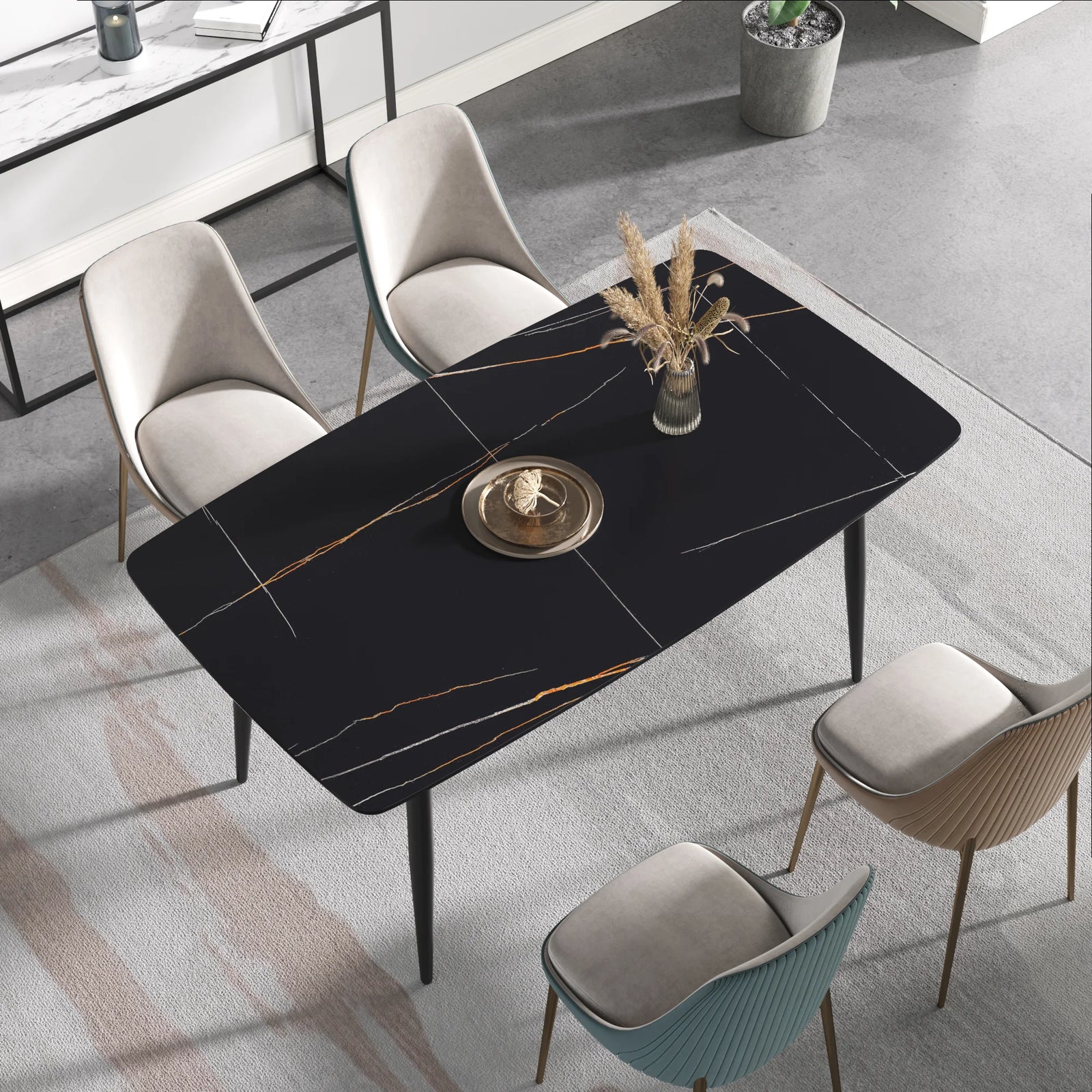 Mesa de comedor Marbella de piedra sinterizada | Rectangular de 160 cm (63") en negro mate con borde curvo