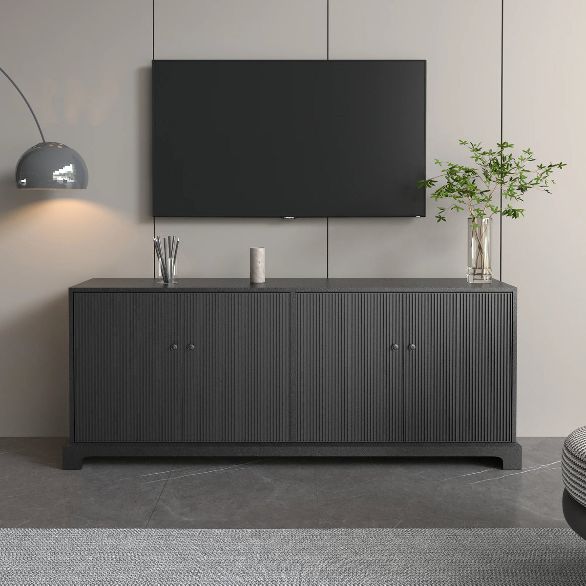 Praxis Wood TV Stand | 67" Black Rectangular With Base