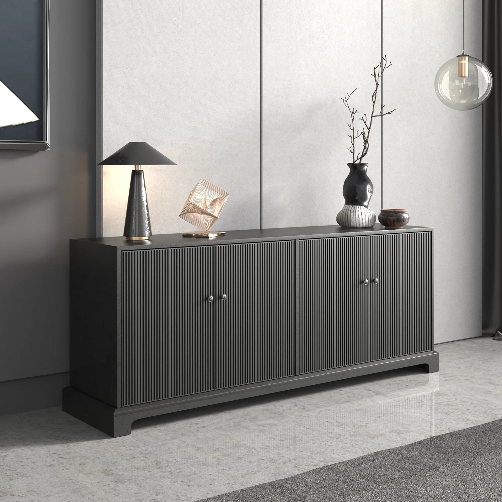 Praxis Wood TV Stand | 67" Black Rectangular With Base