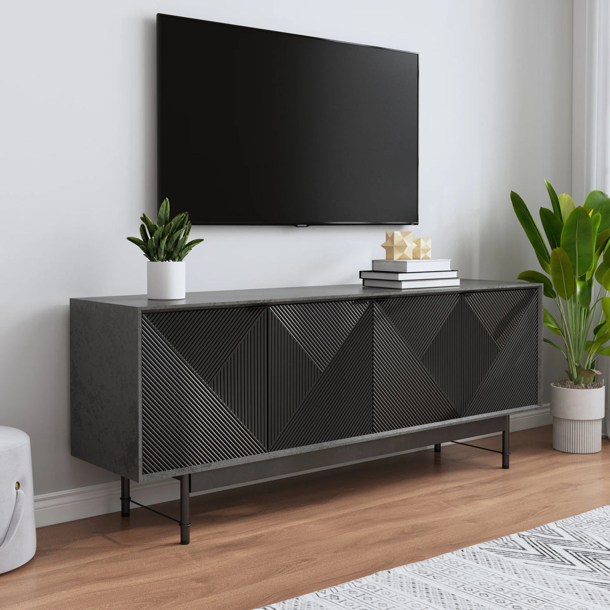 Praxis Wood TV Stand | 67" Black Rectangular With High Legs