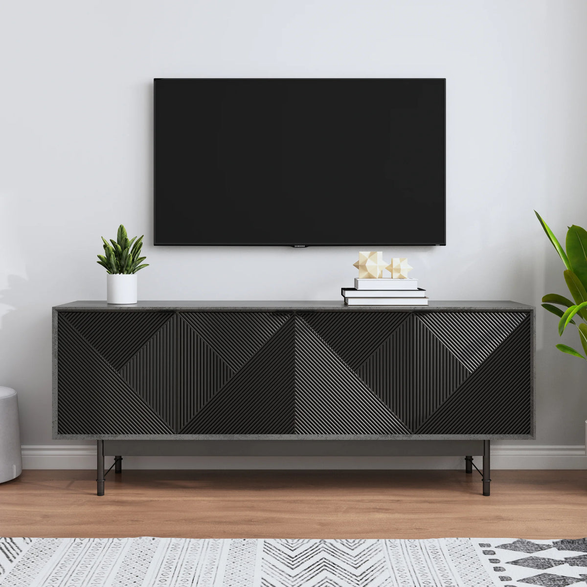Praxis Wood TV Stand | 67" Black Rectangular With High Legs