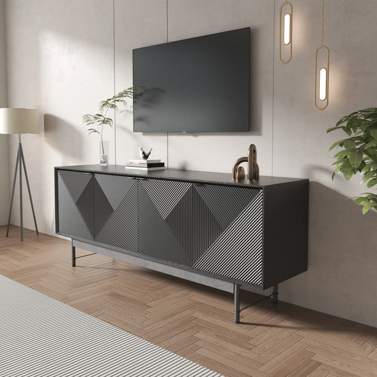 Praxis Wood TV Stand | 67" Black Rectangular With High Legs