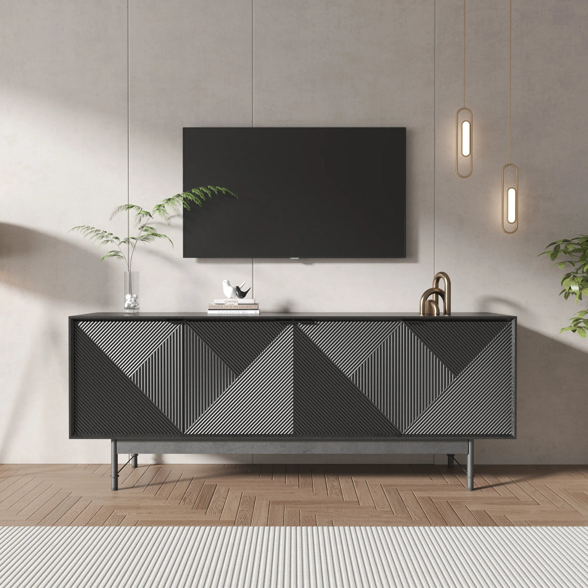 Praxis Wood TV Stand | 67" Black Rectangular With High Legs
