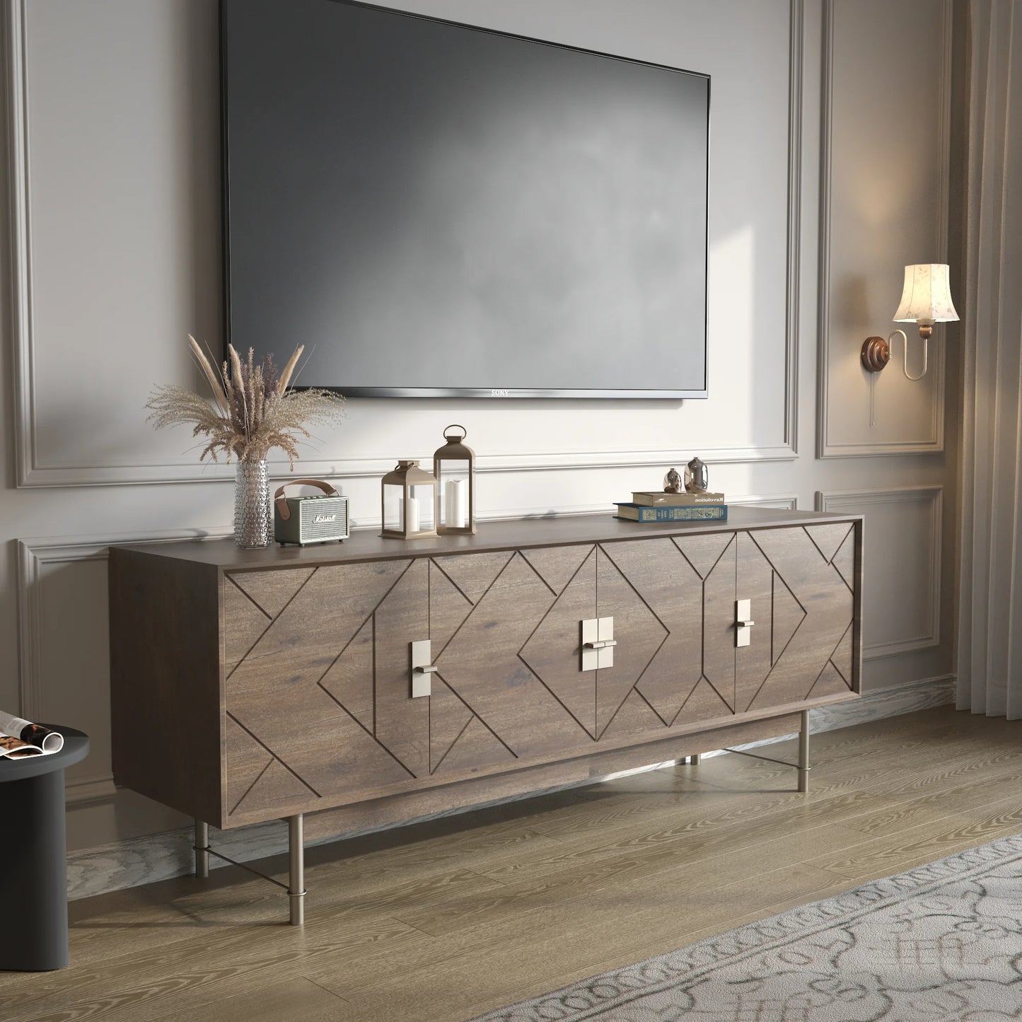 Praxis Wood TV Stand | 67" Brown Rectangular With High Legs