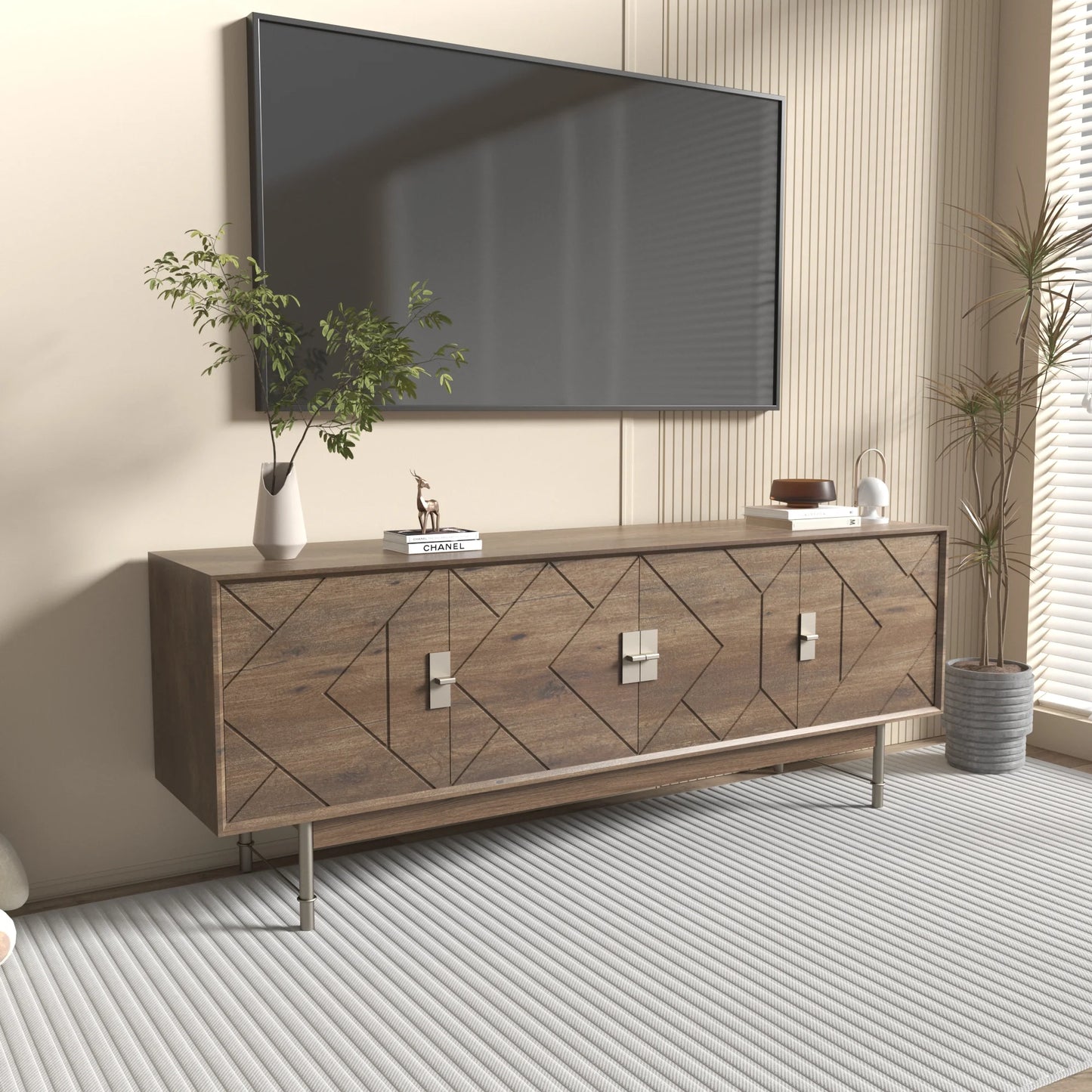Praxis Wood TV Stand | 67" Brown Rectangular With High Legs