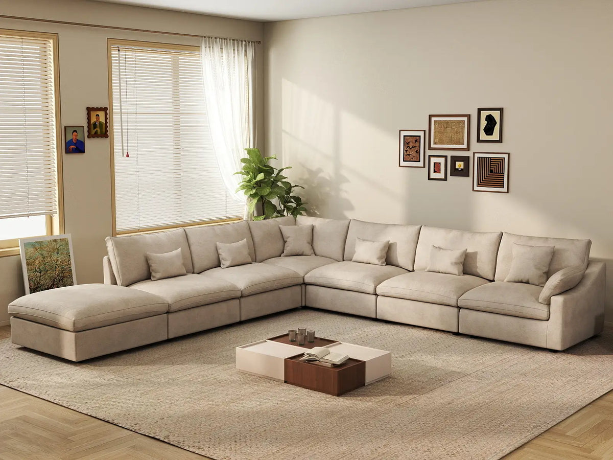 Deluxe Cloud 6-Seater Khaki Large Space Pit Sectional | 7-Piece (Includes 1 Ottoman), Chenille And Linen Fabric, Easy To Clean
