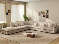 Deluxe Cloud 6-Seater Khaki Large Space Pit Sectional | 7-Piece (Includes 1 Ottoman), Chenille And Linen Fabric, Easy To Clean