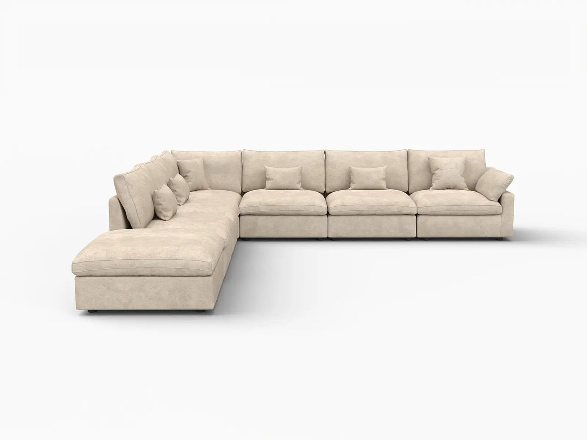 Deluxe Cloud 6-Seater Khaki Large Space Pit Sectional | 7-Piece (Includes 1 Ottoman), Chenille And Linen Fabric, Easy To Clean