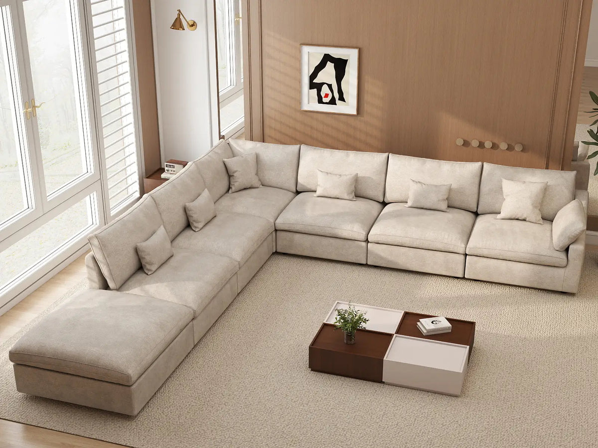 Deluxe Cloud 6-Seater Khaki Large Space Pit Sectional | 7-Piece (Includes 1 Ottoman), Chenille And Linen Fabric, Easy To Clean