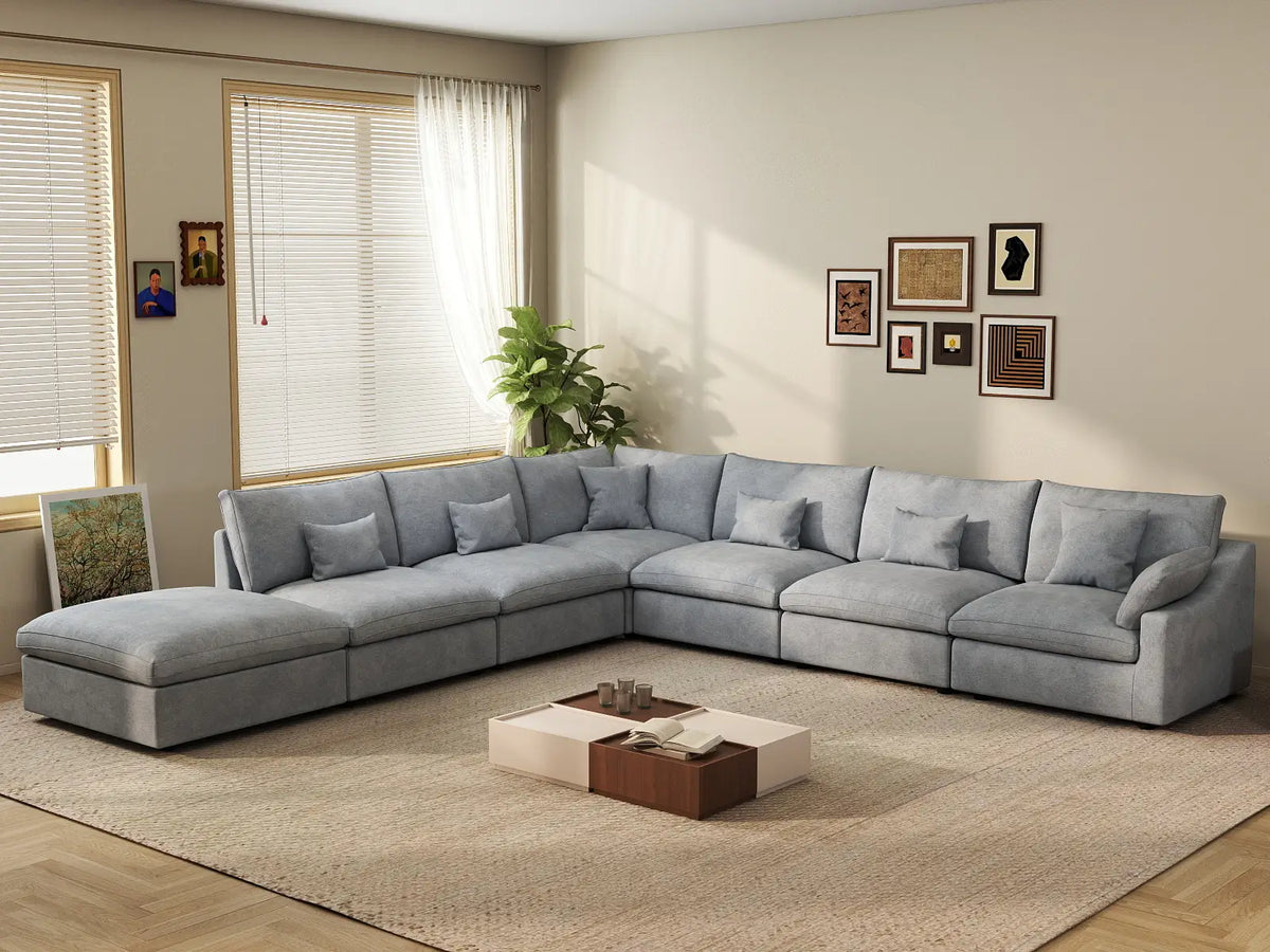 Deluxe Cloud 6-Seater Light Grey Large Space Pit Sectional | 7-Piece (Includes 1 Ottoman), Chenille And Linen Fabric, Easy To Clean