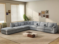 Deluxe Cloud 6-Seater Light Grey Large Space Pit Sectional | 7-Piece (Includes 1 Ottoman), Chenille And Linen Fabric, Easy To Clean
