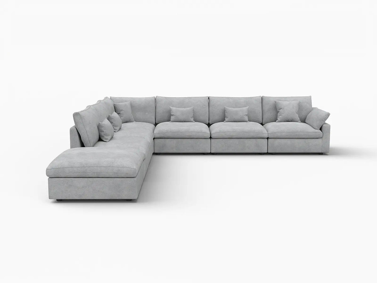 Deluxe Cloud 6-Seater Light Grey Large Space Pit Sectional | 7-Piece (Includes 1 Ottoman), Chenille And Linen Fabric, Easy To Clean