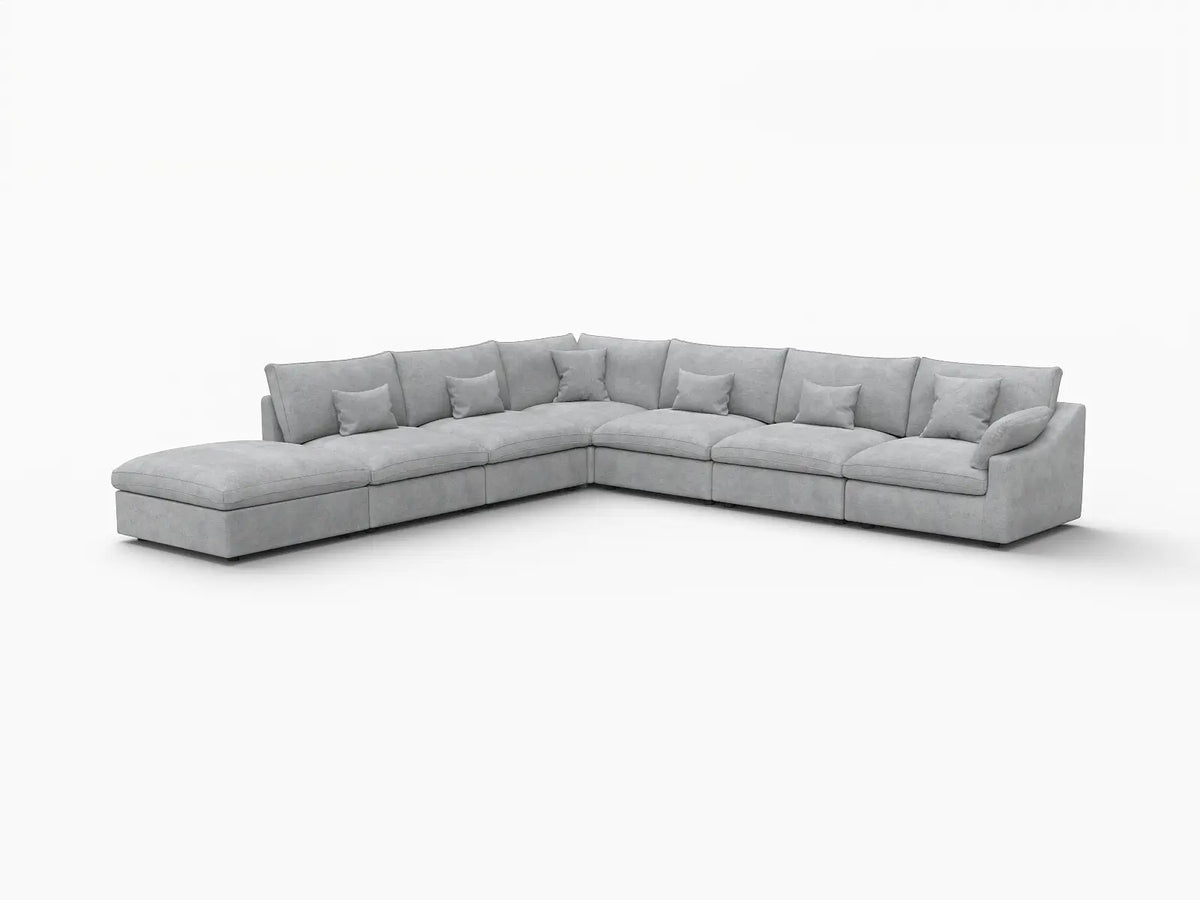 Deluxe Cloud 6-Seater Light Grey Large Space Pit Sectional | 7-Piece (Includes 1 Ottoman), Chenille And Linen Fabric, Easy To Clean