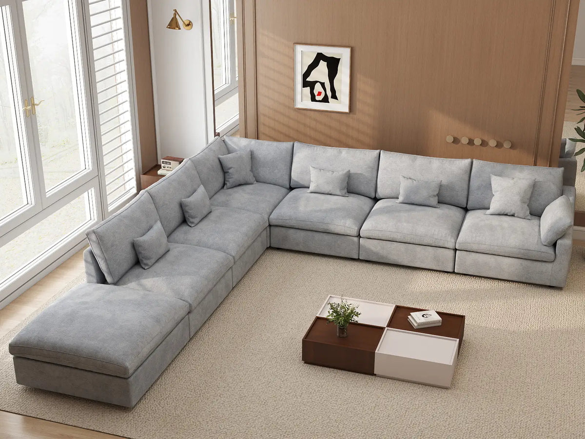 Deluxe Cloud 6-Seater Light Grey Large Space Pit Sectional | 7-Piece (Includes 1 Ottoman), Chenille And Linen Fabric, Easy To Clean