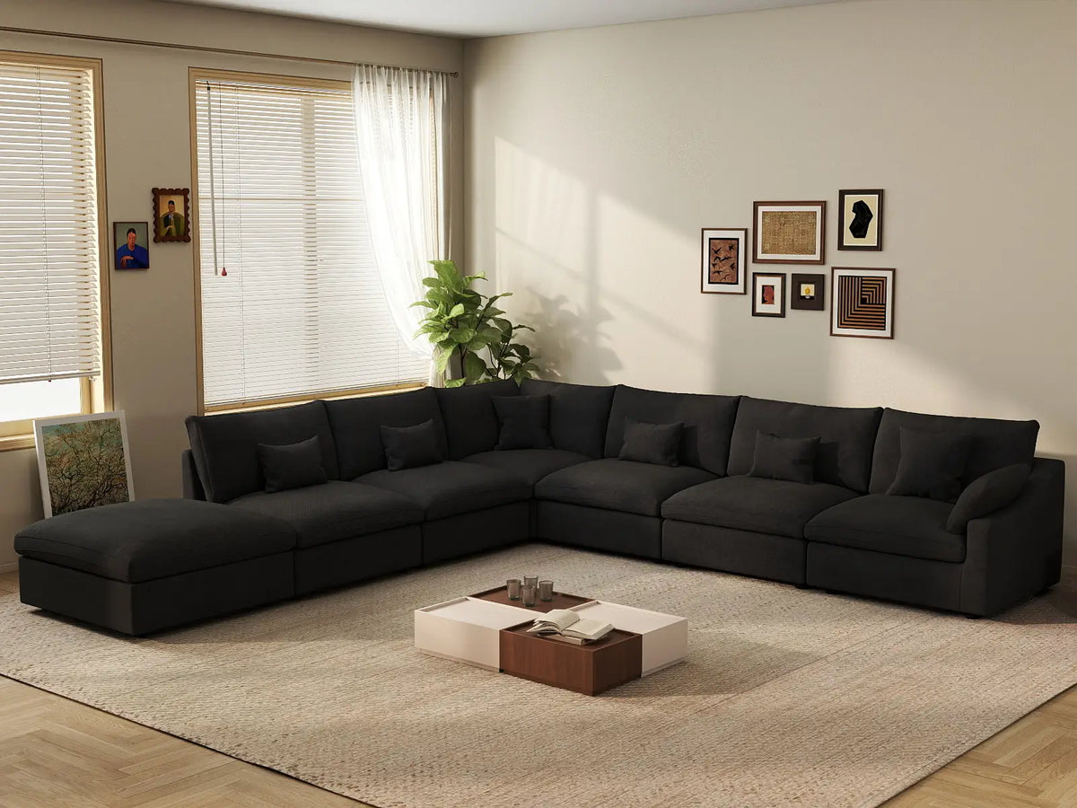 Deluxe Cloud 6-Seater Black Pit Sectional | 7-Piece (Includes 1 Ottoman), Chenille And Linen Fabric, Washable Cushion Covers
