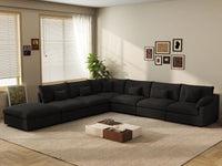 Deluxe Cloud 6-Seater Black Pit Sectional | 7-Piece (Includes 1 Ottoman), Chenille And Linen Fabric, Washable Cushion Covers