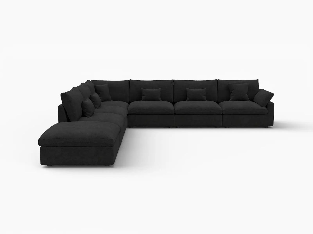 Deluxe Cloud 6-Seater Black Pit Sectional | 7-Piece (Includes 1 Ottoman), Chenille And Linen Fabric, Washable Cushion Covers