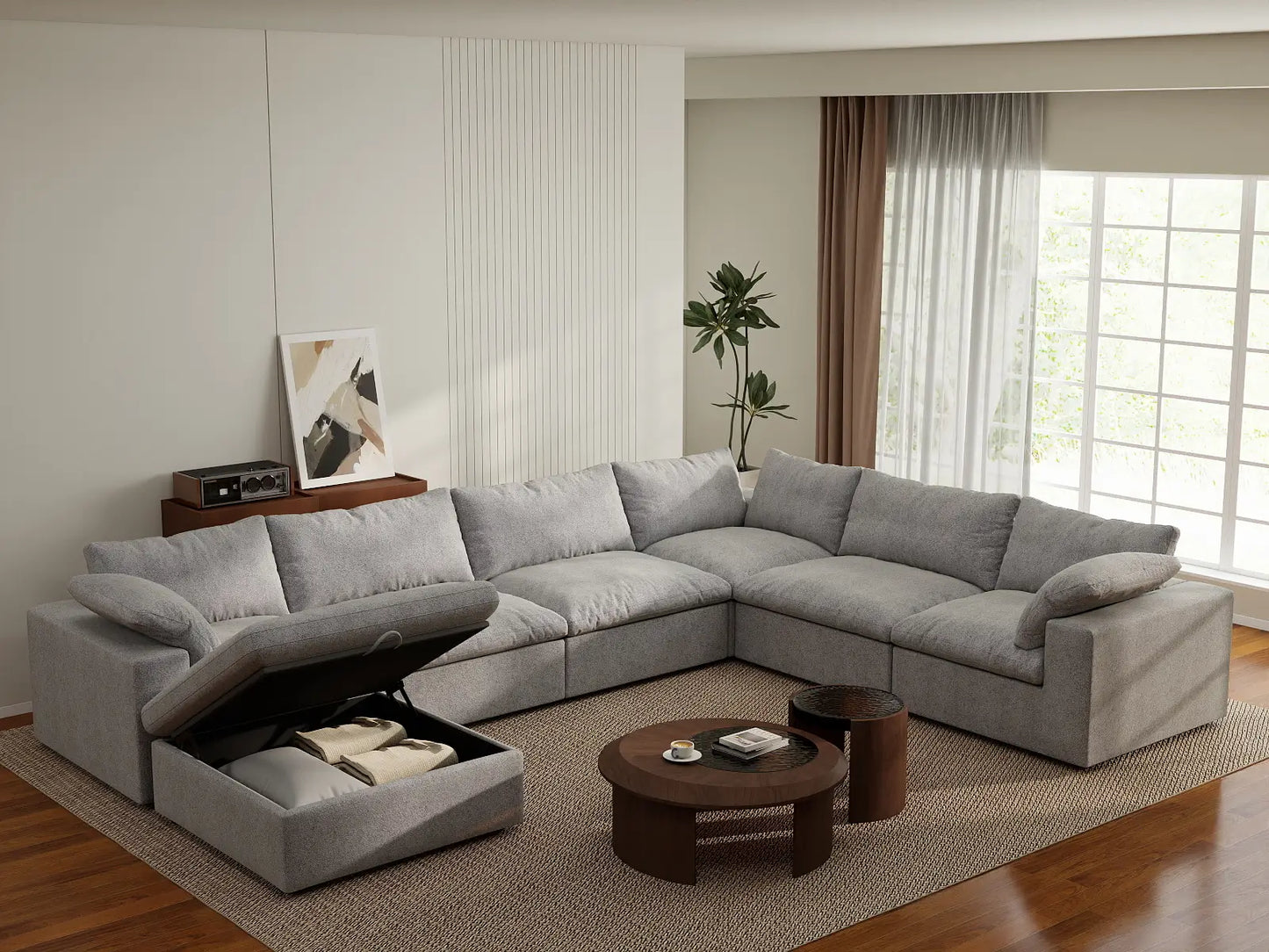 Deluxe Cloud 6-Seater Light Grey Large Space Sofa Set | 7-Piece (Includes 1 Ottoman), Cotton And Linen Fabric, Easy To Clean